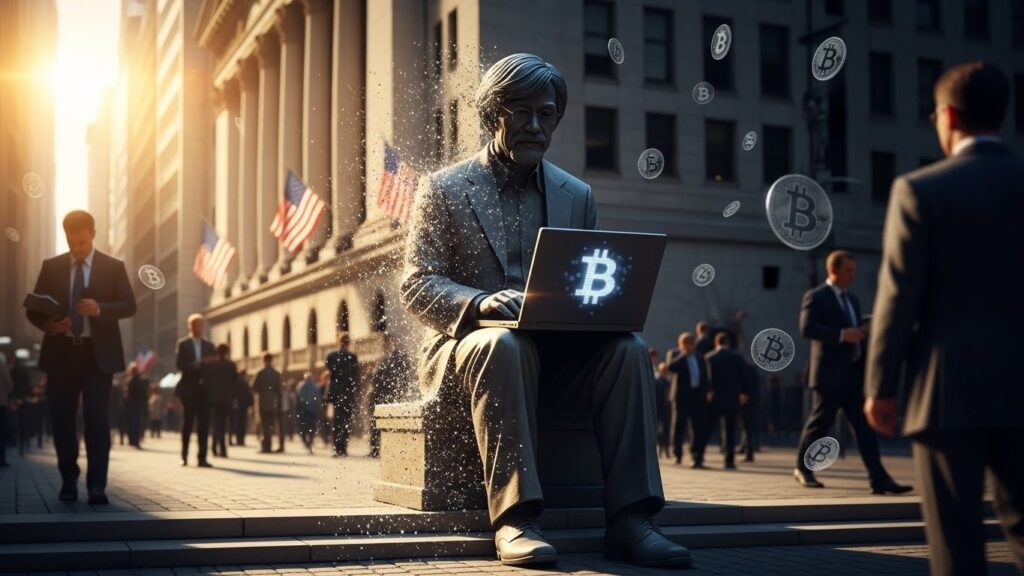 Statue Satoshi Nakamoto Dévoilée à la Bourse de New York - InfoCrypto.fr InfoCryptofr Statue Satoshi Nakamoto Dévoilée à la Bourse de New York