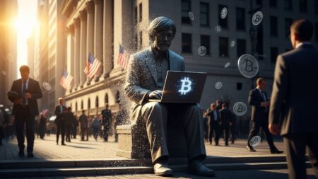 InfoCryptofr   Statue Satoshi Nakamoto Dévoilée à la Bourse de New York