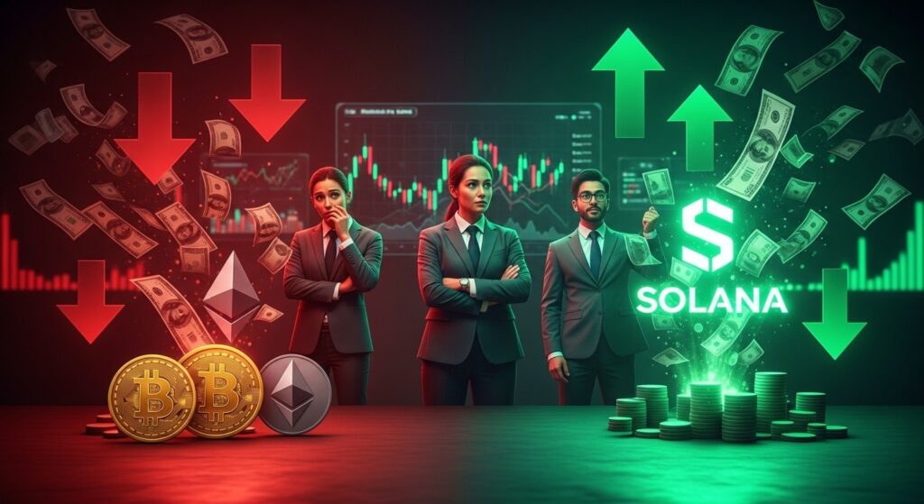 InfoCryptofr   ETF Crypto  Solana Résiste BTC et ETH Dans le Rouge