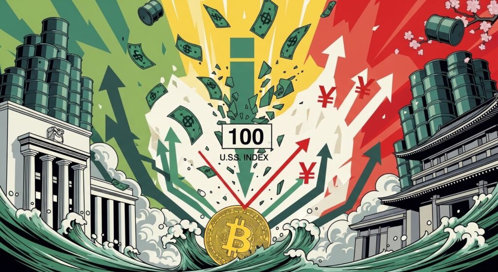 Dollar Sous 100 : Fed, BOJ et Pétrole Secouent le Marché Crypto - InfoCrypto.fr InfoCryptofr Dollar Sous 100 Fed BOJ et Pétrole Secouent le Marché Crypto