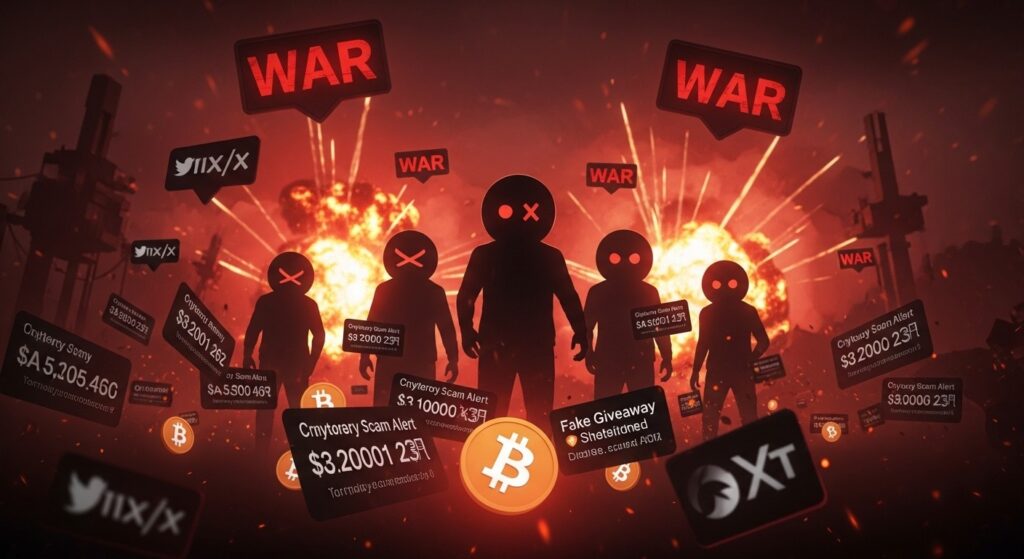 InfoCryptofr   Réseau darnaques crypto exploite la peur de la guerre sur X