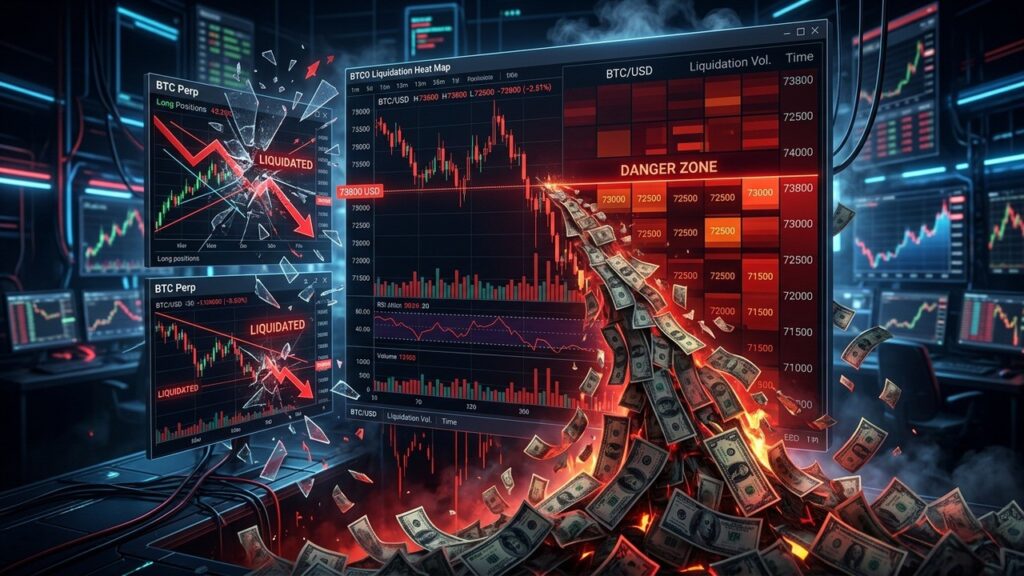 Bitcoin Liquidation : 1,29 Milliard Risque Sous 73 800 Dollars