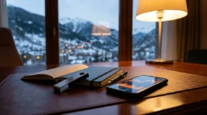 Bureau d'investisseur crypto face aux Pyrénées andorranes